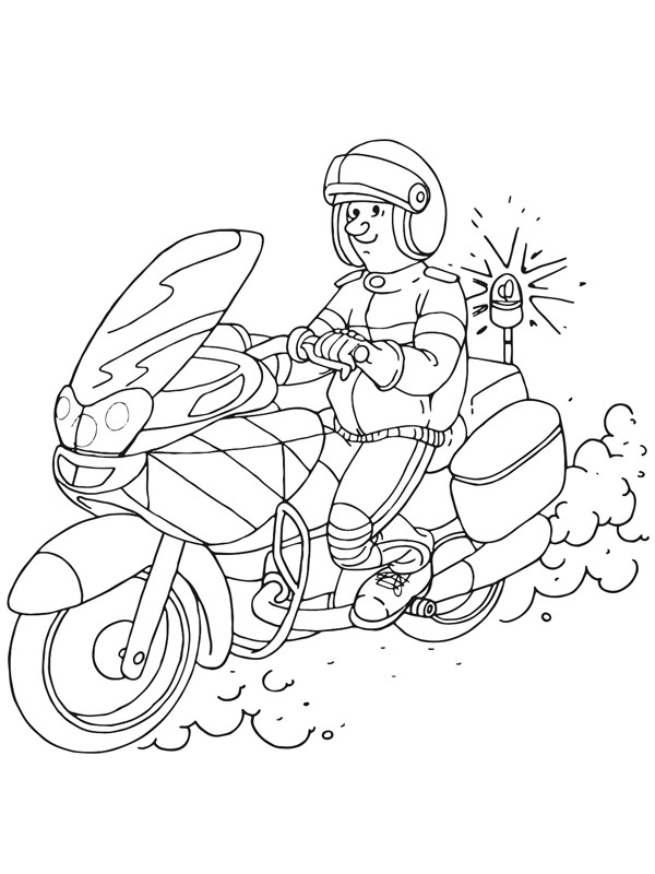 Coloring book of cheerful policeman on a motorcycle